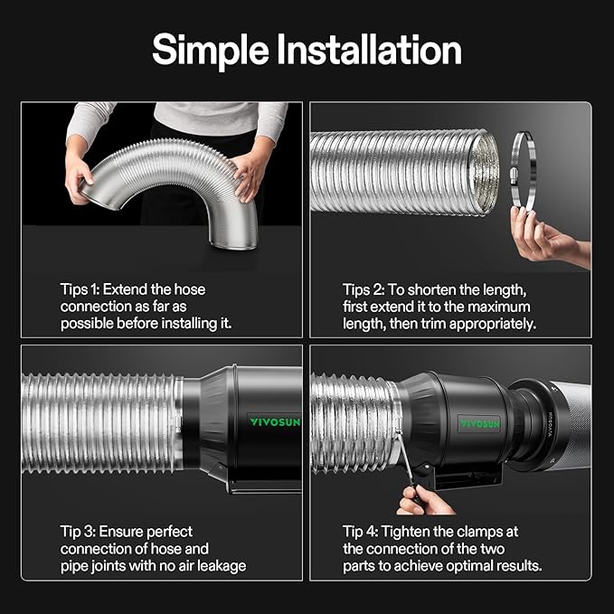 VIVOSUN 4 Inch 16 Feet Non-Insulated Flex Air Aluminum Ducting for HVAC Ventilation with 2 Stainless Steel Clamps