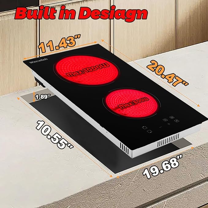 Electric Cooktop 2 Burner, 12 Inch Electric Stove Top, Built-in, 110V-120V Plug in, Touch Panel, Ceramic Burners with 9 Heating Level, Child Lock and Timer, 1800W