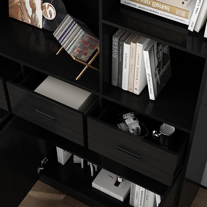 MOUMON Pantry Storage Cabinet with 4 Drawers & 4 Doors, Large Kitchen Pantry Cabinet with Shelves, Hutch Storage for Kitchen Living Room Hallway, Black, 15.7”D x 63”W x 78.7”H