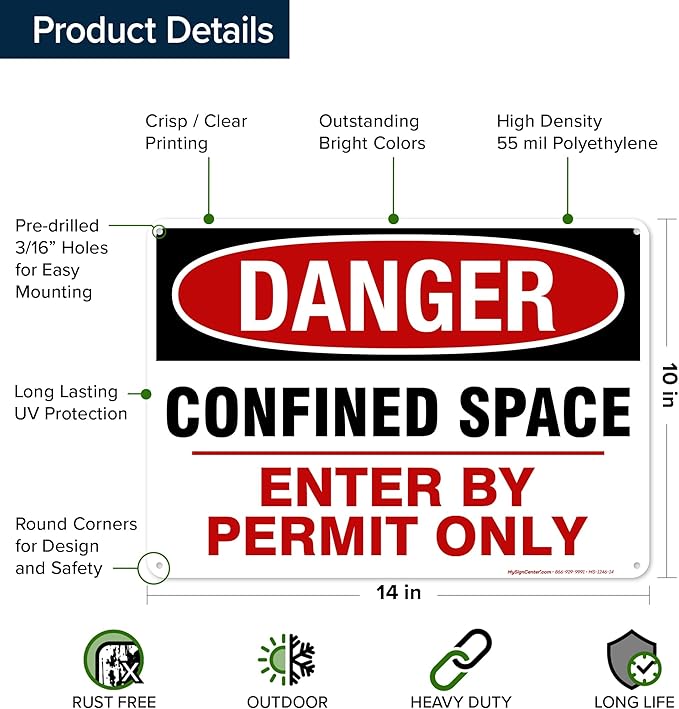 Danger Confined Space Enter By Permit Only Sign, 10x14 Inches, 55 mil thick HDPE (high density polyethylene), Made in USA by My Sign Center