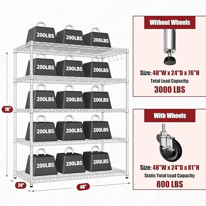 PrimeZone 5 Tier 48" Wx24''Dx81''H Wire Shelving with Wheels 3000lbs NSF Storage Shelves Heavy Duty Metal Shelf Adjustable Rolling Rack Commercial Garage Restaurant Warehouse Kitchen Chrome 6Pack