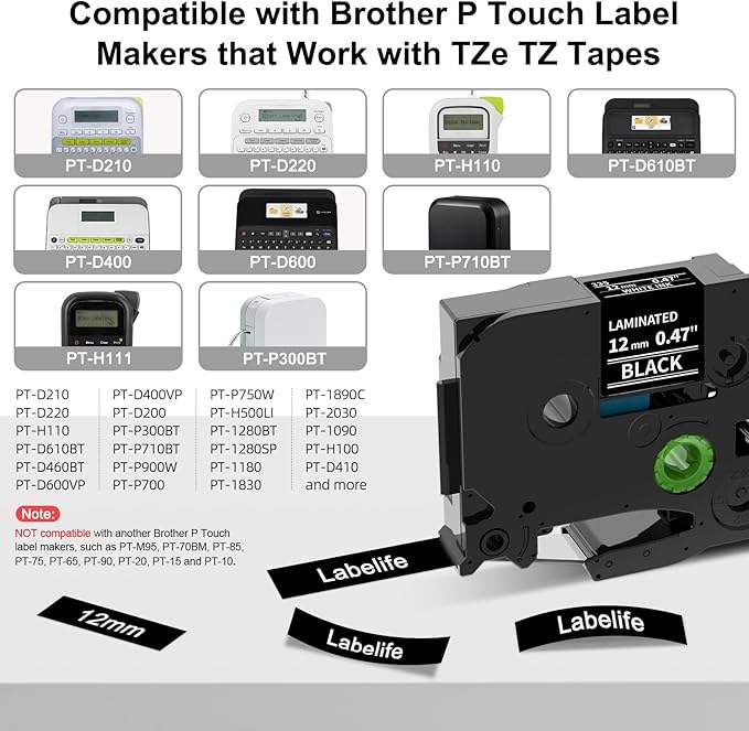 Labelife Label Maker Tape Black Replacement for Brother TZe-335 TZe335 P Touch Label Tape White on Black TZe TZ 12mm 0.47 Laminated for Brother PT-D210 PT-D220 PT-H110 PT-D400 PT-D600, 4-Pack