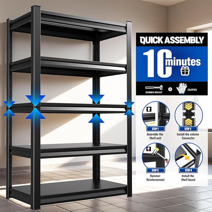 72''H/47''W Garage Shelving 5-Tier Adjustable Metal Garage Shelves Heavy Duty Unit,3000 LBS Steel Shelf Storage Rack Suitable for Industries,Warehouses,Basement,Black (72''H x 47''W x 20''D)