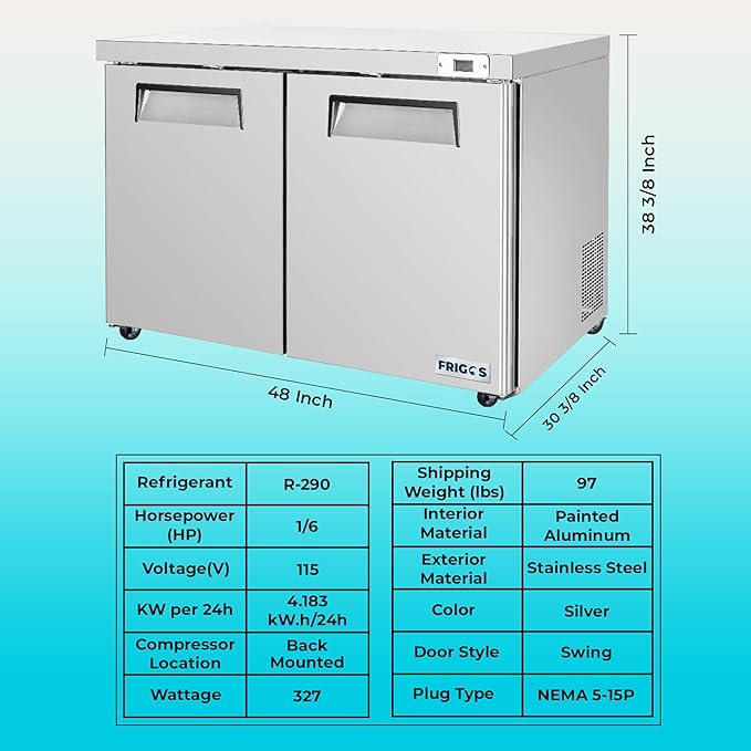 Frigos FG-UCFZ-48 48" 11.1 Cu Ft Commercial Undercounter Freezer - ETL Certified Stainless Steel Exterior, LED Lighting - Standing Freezer Included Liftgate