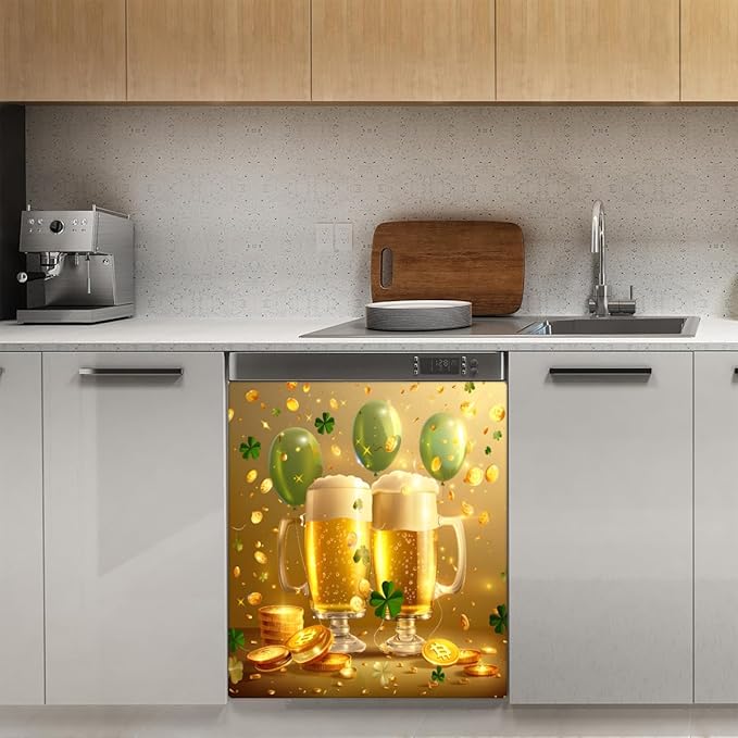 Beer Balloon Gold Coin Clover Dishwasher Magnet Cover, Reusable Refrigerator Panel Stickers Microwave Front Door Covers Magnets for Kitchen Home Appliances Holiday Party Decorations 23 X 26 in
