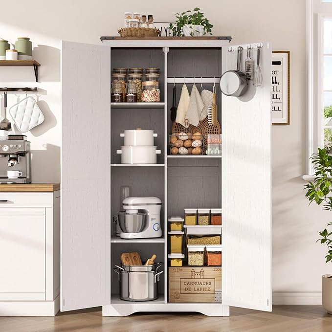 69" Tall Storage Cabinet with Adjustable Shelves, Farmhouse Pantry Organize with 2 Barn Doors, Large Freestanding Cabinet for Kitchen, Garage, Basement, Living, Utility Room, Off-White