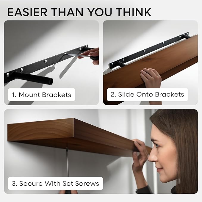 Homeforia 48 inch Walnut Floating Shelf, High End Solid Real Wood Large 48inch Floating Shelves for Wall, Dark Brown 48 inches Long Floating Shelves, Heavy Duty Bracket, 48 X 6.5 X 1.75 inch, Set of 3
