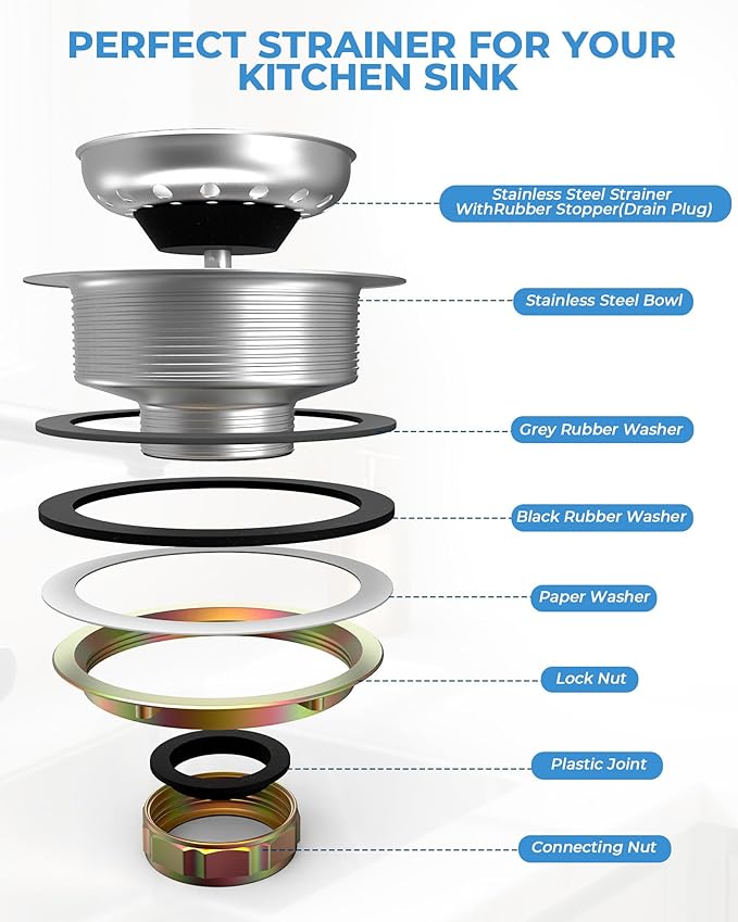 3-1/2 Inch Kitchen Sink Drain Assembly Black Sink Drain Strainer with Stainless Steel Strainer Basket and Drain Stopper Replacement for Standard Kitchen Sink Drain