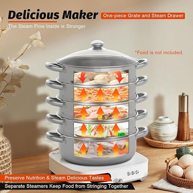 5 Tier Stainless Steel Steamer Pots Stackable Pan Steamer Cooking Pots Steam Canner with Lid Cookware Steaming Pots for Kitcken (30CM)