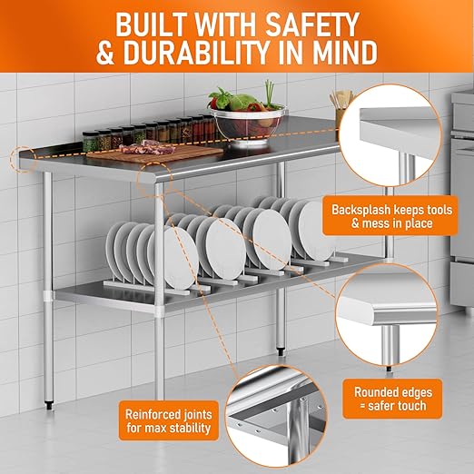 HOCCOT Stainless Steel Table 24" x 60" with Adjustable Undershelf and Backsplash, Commercial Metal Workstations for Kitchen, Garage, Outdoor BBQ