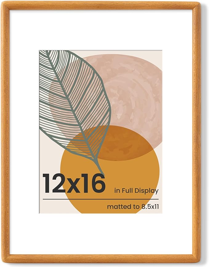 Axeman 12x16 Frame - Solid Teak Wood 12x16 Picture Frame With Mat for 8.5x11 - Rounded Corner 12 x 16 Frame with Tempered Glass for Wall Display