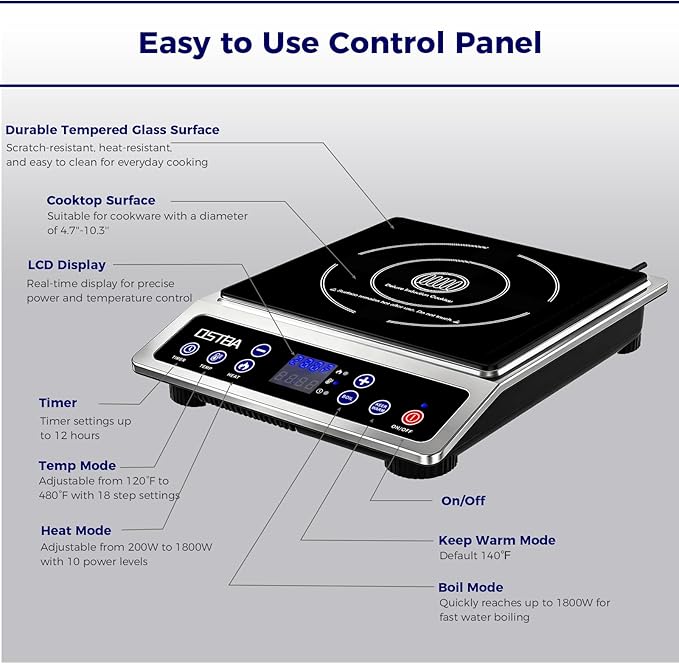 OSTBA 1800W Commercial Induction Cooktop, 10" Heating Coil Countertop Induction Burner, 10 Power Levels & 120–460°F Temperature Control, 12H Timer, Keep Warm, ETL Certified
