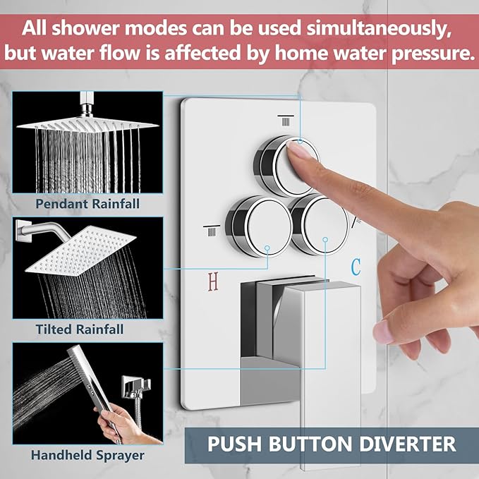 Aolemi Shower Faucet Set Ceiling Mount Shower System Rough-in Valve and Shower Trim Kit 2 in 1 Handheld Spray Push Button Diverter 12 and 6 Inch Dual Shower Head Polish Chrome