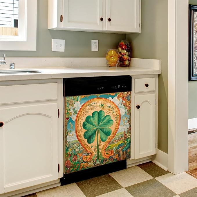 Clover Floral Vintage Colorful Dishwasher Magnet Cover, Reusable Refrigerator Panel Stickers Microwave Front Door Covers Magnets for Kitchen Home Appliances Holiday Party Decorations 23 X 26 in