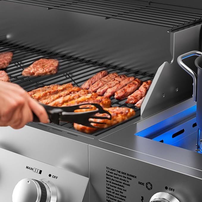 SKOK 4-Burner Propane Gas BBQ Grill with Side Burner & Porcelain-Enameled Grilling Grates,Stainless Steel Grill with 544 Sq. In. Grilling Area for Outdoor Cooking,58,000 BTU Output