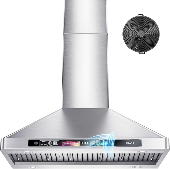 BRANO 36 Inch Wall Mount Range Hood 900 CFM with Voice/Gesture/Touch Control, Stainless Steel Vent Hood with 4 Speed, 4 Adjustable Lights, Ducted/Ductless Convertible