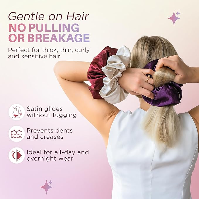 3-Pack Oversized Pearlized Satin Scrunchies for Women - Shimmer Large Scrunchies, Ivory, Purple, Burgundy