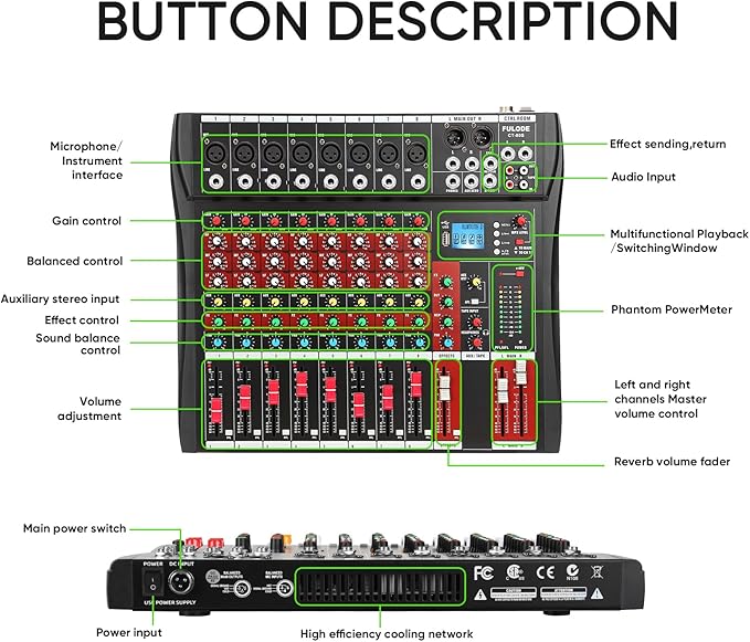 Audio Mixer 8 Channel, CT-80S Professional Sound System Mixer Board DJ Mixing Console with Reverb MP3 Player Bluetooth 48V Phantom Power Supply USB Recording for Studio Karaoke Live Music