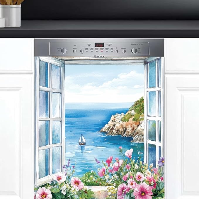 Dishwasher Magnet Cover Flower Ocean Beautiful Dishwasher Decorative Cover Front Dishwasher Door Cover Reuseable Dishwasher Cover Panel Decal for Kitchen Refrigerator Home Appliances 23" X 26"