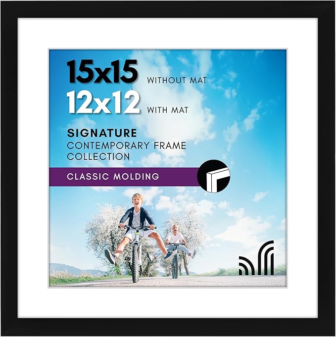 Americanflat 15x15 Picture Frame with Shatter-Resistant Glass - Use as 12x12 Frame with Mat or Display 15x15 Photo Without Mat - Signature Collection - Square Frames for Wall Display - Black