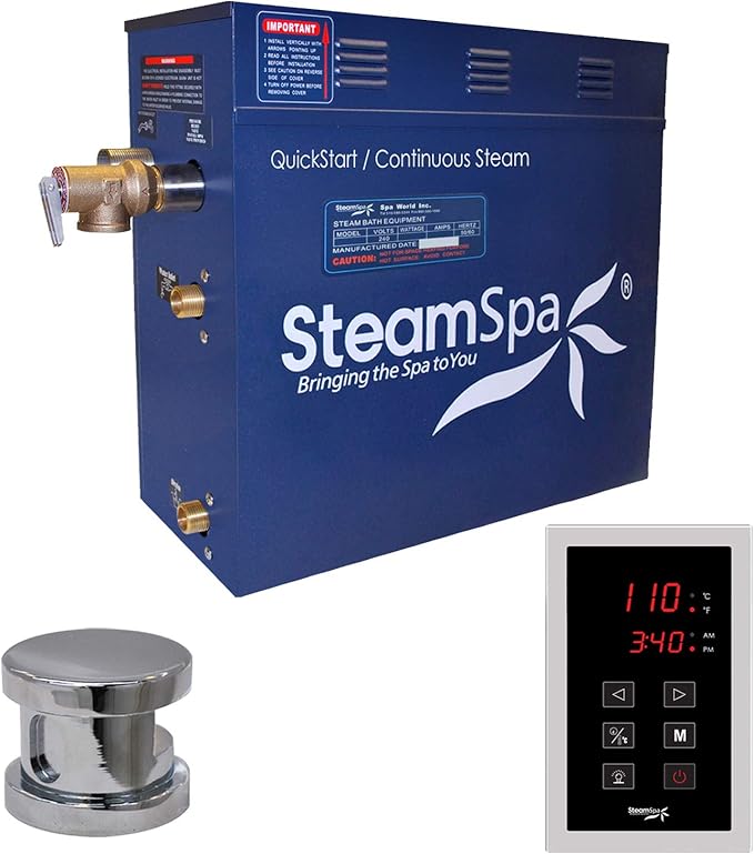 SteamSpa 9kW Steam Sauna Generator Sentry Series 240V Steam Generator with Touch Screen, Steamhead, Built-in Steam Shower Auto Drain, ACU Quickstart Steam Bath Generator Bundle SNT900CH-A