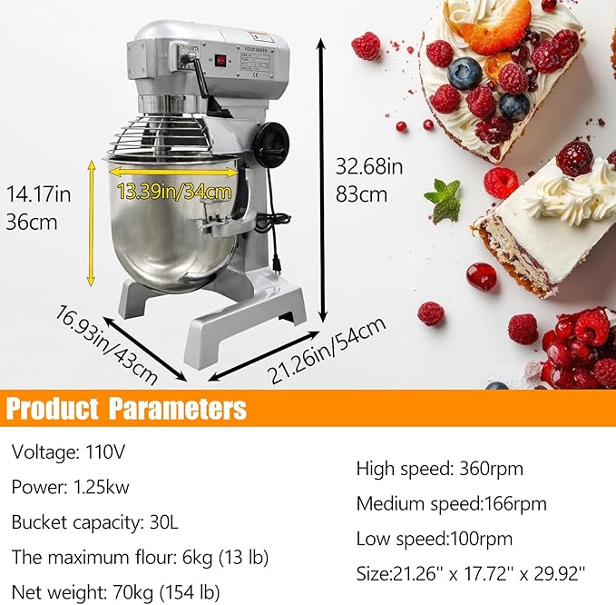 TECHTONGDA 30L Commercial Stand Mixer, Heavy Duty Food Mixer, 110V Dough Kneading Machine, Electric Flour Mixer Machine with 3 Speeds Adjustable for Bakery Pizzeria, Dough Hook Whisk Beater Included