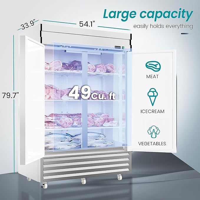 54" Upright Commercial Freezer with 2 Solid Door, -10℉ ~ 10℉, 49 Cu.Ft Reach-in Freezer, Fan Cooling Stainless Steel Freezer with 3 Wheels for Restaurant Bar Garage, ETL and DOE Approved