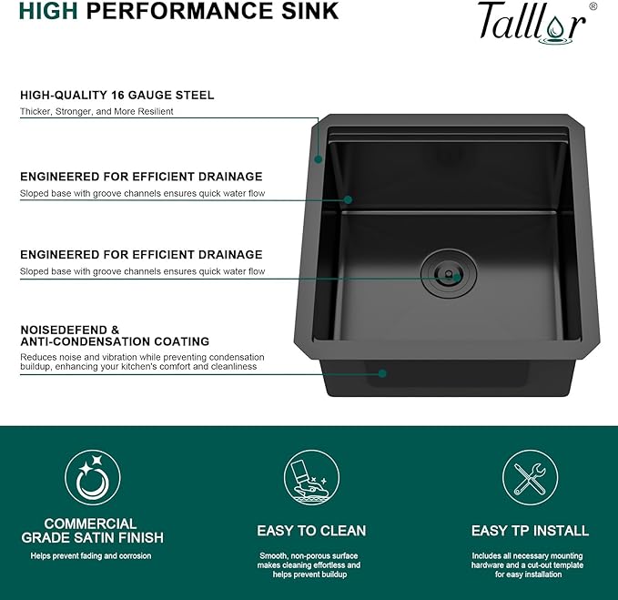 Undermount Bar Sink - 17x17 Inch Workstation Black Bar Sink Stainless Steel Small Wet Prep Sinks 16 Gauge Single Bowl Under Counter Camper Sink with Cutting Board and Assembly #TLU-0019