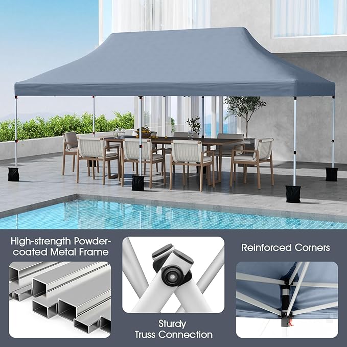 Tangkula 10x20 Ft Pop Up Canopy, Instant Setup Tent with 6 Sandbags, 12 Stakes & 6 Ropes, UPF 50+ Portable Outdoor Canopy Tent with Carrying Bag for Camp, Beach, Patio (Gray)
