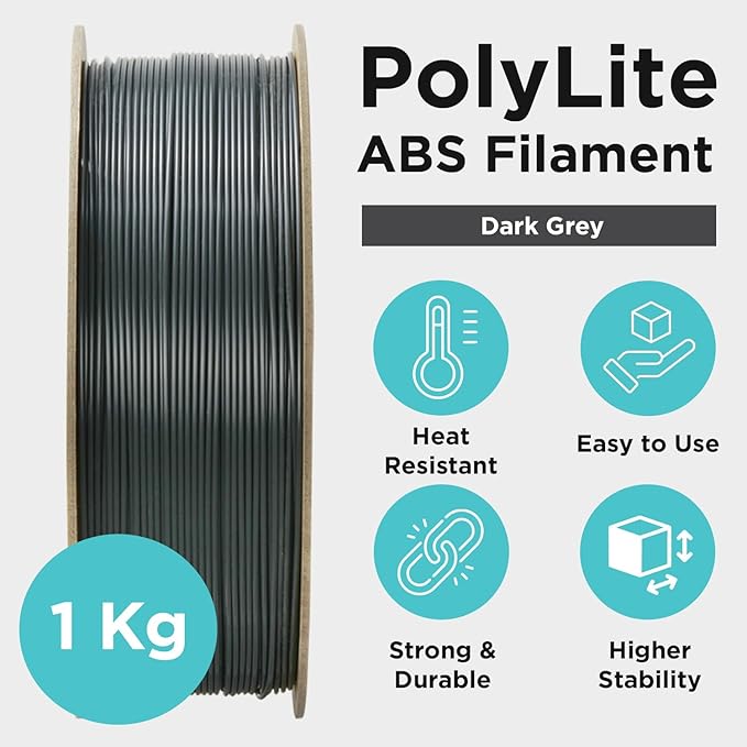 Polymaker ABS Filament 1.75mm Dark Grey, 3D Printer Filament 1.75mm Heat Resistant 1kg - PolyLite ABS 3D Printing Filament 1.75mm, Strong & Durable, Dimensional Accuracy +/- 0.03mm