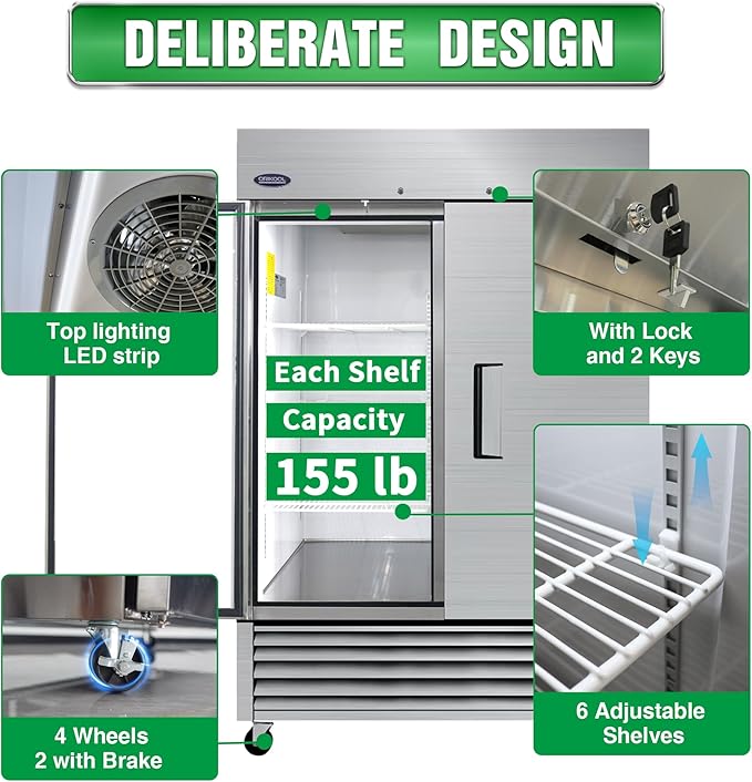 54" W Commercial Reach-In Upright Refrigerator - Double Doors Stainless Steel Fridge, 49 Cu.ft Capacity, 6 Adjustable Shelves, Auto Defrost, Digital thermostat control, LED Lighting