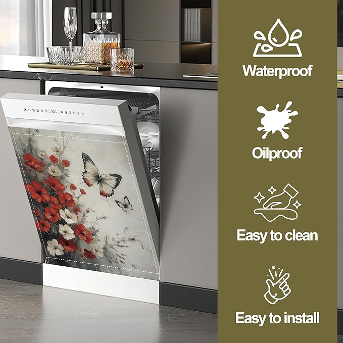 Butterfly Dishwasher Magnets Decorative Cover,Red White Flowers Magnet Fridge Panel Decal for Home Kitchen Decor,23x26 in