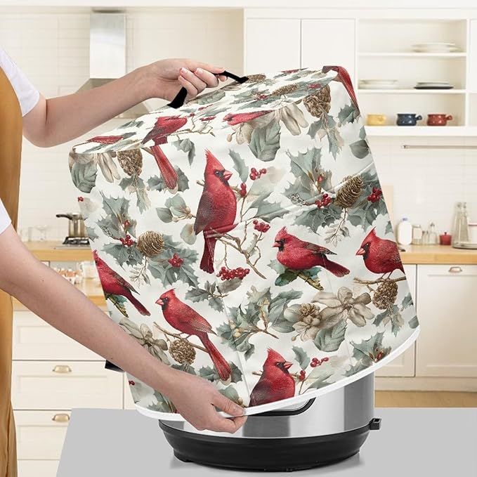 6 Quart Pressure Cooker Dust & Stains Protector Cover Round Bag with Top Handle and Storage Pocket Kitchen Appliance Decoration Christmas Cardinal Bird Print