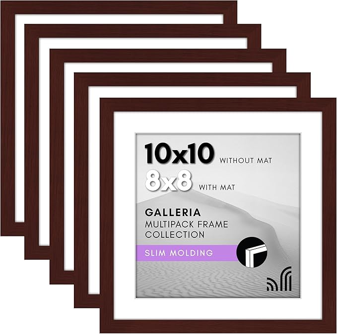 Americanflat 10x10 Picture Frame with Plexiglass - Set of 5 - Use as 8x8 Frame with Mat or Display 10x10 Photo Without Mat - Galleria Collection - Square Frames for Tabletop or Wall - Mahogany