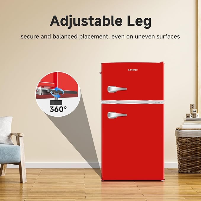 BANGSON Mini Fridge with Freezer, 3.2 CU.FT Small Refrigerator with Freezer, Door Handle, Bottle Opener, For Bedroom, Dorm, Office, Home, Garage or RV, R-600a, Red