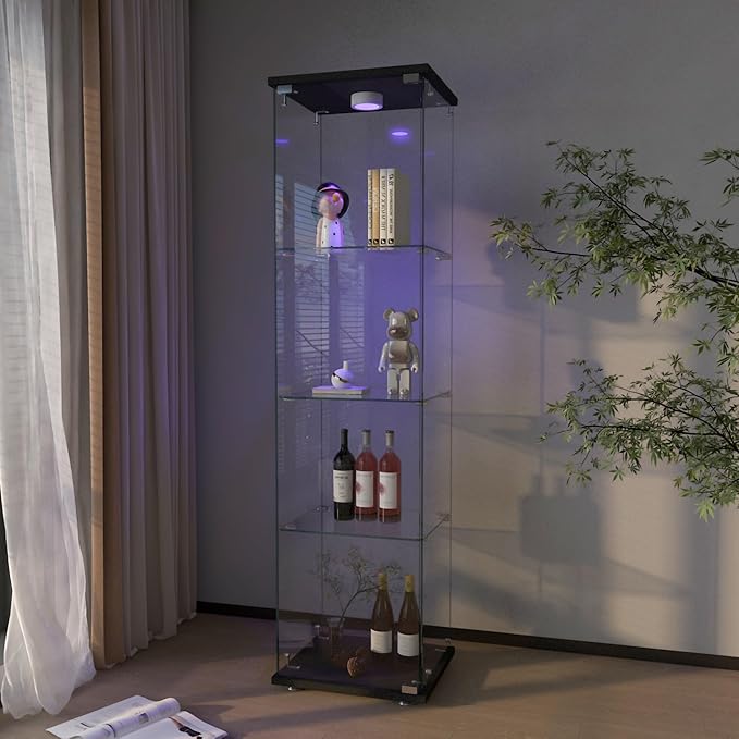 Yoluckea 4-Shelf Glass Display Cabinet with LED Lights, 1-Door Floor Standing Curio Cabinet with Universal Wheel for Home or Office, Black Glass Bookshelf for Collections, Decor, and Corner Display