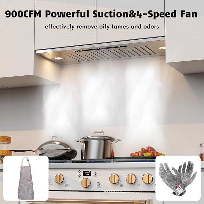 Range Hood Insert 30 inch,Built-in Kitchen Hood with 900 CFM, Ducted/Ductless Convertible Kitchen Vent Hood,Stainless Steel Stove Hood with 4 Speed Gesture Sensing&Touch Control Panel
