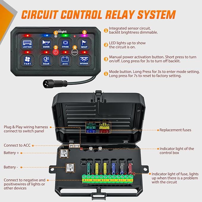 Nilight 8 Gang Switch Panel Blue Circuit Control Relay System with Fuse Wiring Harness Toggle Momentary Strobe Flash Modes Automatic Dimmable ON Off Pod 12V 24V for Car Truck Camper SUV