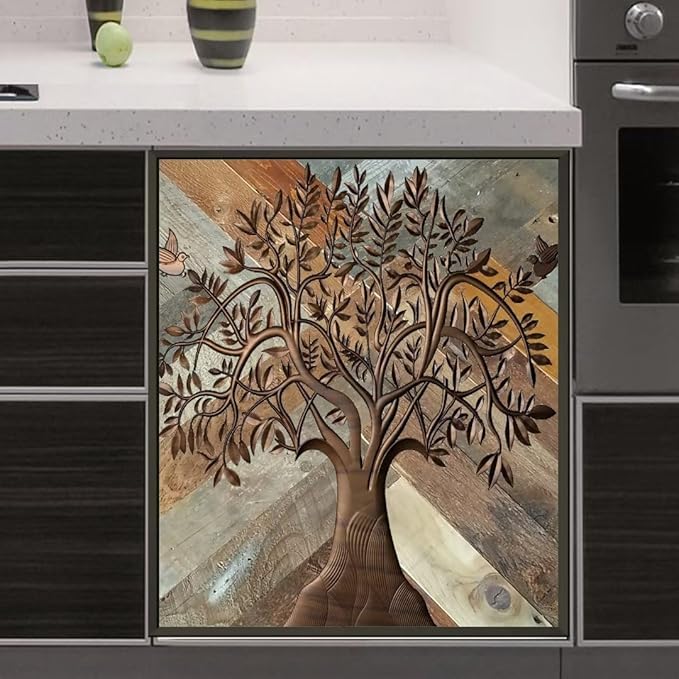 Stainless Steel Tree of Life Dishwasher Cover for Front, Wooden Door Refrigerator Cover Skin Decor, Birds Dishwasher Panel Decal, Ordinary 23" x 26"