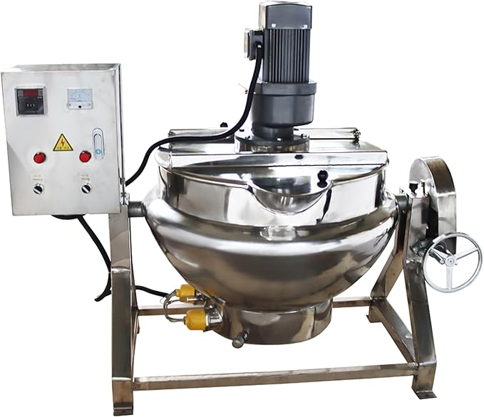 26Gal Commercial Jacketed Kettle with Stirrer Stainless Steel Tilting Stirring Jacketed Kettle for Food Processing Electric Heating 220V 60HZ 3-Phase 1.1KW