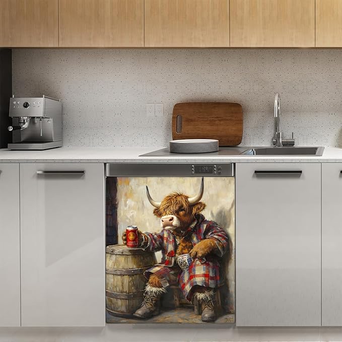Funny Alpine Cow Barrels Dishwasher Magnet Cover Front Dishwasher Cover Decor Reusable Magnetic Door Cover Panel Decal Home Appliances Stickers Kitchen Refrigerator Fridge 23"x26"