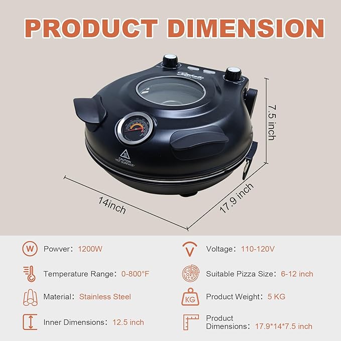Electric Pizza Maker, 12 Inch Countertop Pizza Oven with Pizza Stone, 1200W Indoor Italian Style Pizza Cooker, Dual Heating with Independent Temperature Control, Heats Up to 800°F, Black