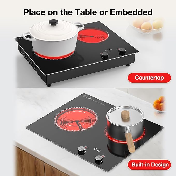 VBGK Electric Cooktop,2100W Built-in & Countertop 2 Burner Electric Cooktop,Electric Stove Top with10 Heating Level, Timer & Kid Safety Lock, LED Knob Touch Control Electric Burner with Plug