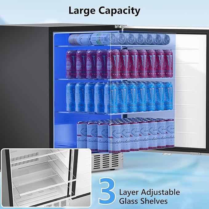 24 Inch Beverage Refrigerator, Under Counter Freestanding Beverage Cooler 180 Can, Outdoor Fridge with Stainless Steel Door, Outdoor Refrigerator for Patio, Home, Kitchen, Bar (Silver)