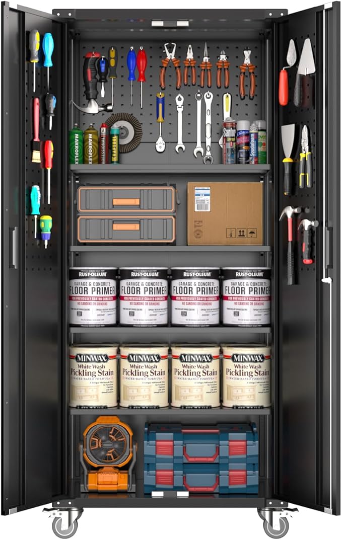 GarveeHome Garage Storage Cabinet 72 in Locking w/Wheels & Pegboard | Heavy-Duty Steel w/ 4 Adjustable Shelves | Workshop Home Office Organizer, Black