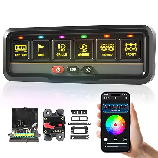 6 Gang Switch Panel Universal Circuit Control Relay System Automatic Dimmable LED Switch Pod Bluetooth APP & Touch Control Panel Switch Box for Car Truck Pickup Boat UTV SUV