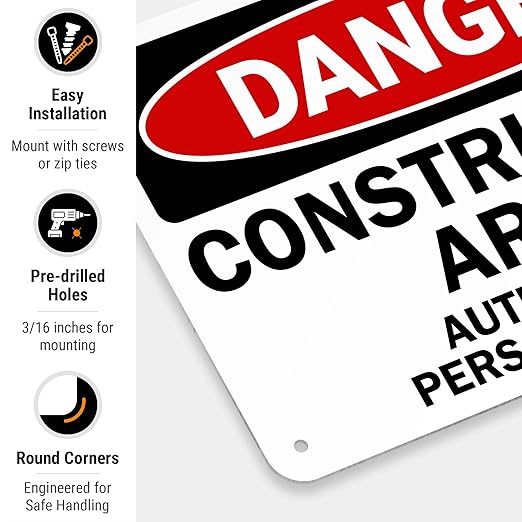 Danger Construction Area Sign, Authorized Personnel Only Sign, 10x7 Inches, 55 mil Thick HDPE (high Density polyethylene), Made in USA