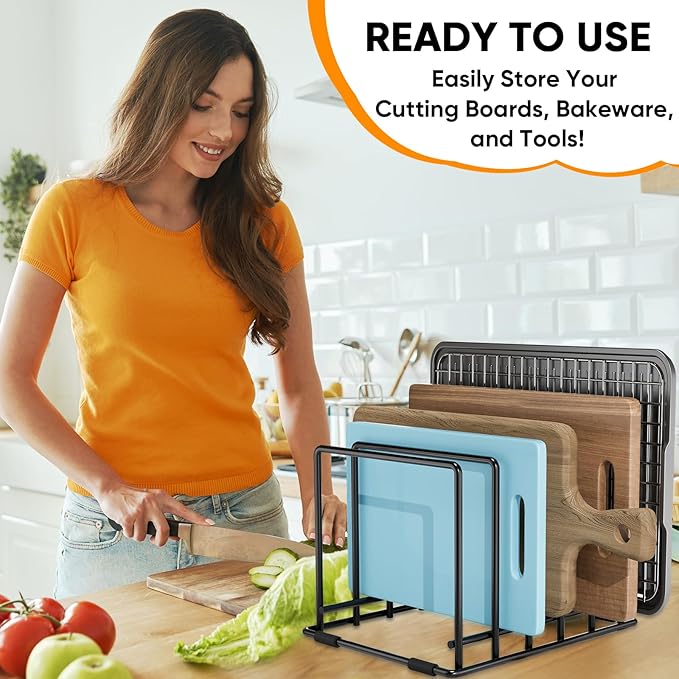 Baking Sheet Organizer Rack – 5-Slot Bakeware & Cookie Tray Holder for Kitchen Cabinet or Countertop, Stainless Steel Cutting Board Rack with Rust-Resistant Frame & Anti-Slip Feet