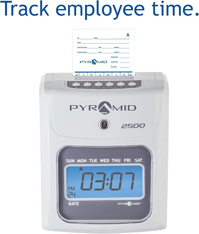 Pyramid Time Systems - 2500 Auto-Aligning Employee Time Clock Timekeeping Bundle [2500K1] for Small Business, Punch Clock System with 100 Time Cards, 2 Ribbon Cartridges, 10-Slot Rack & Security Keys