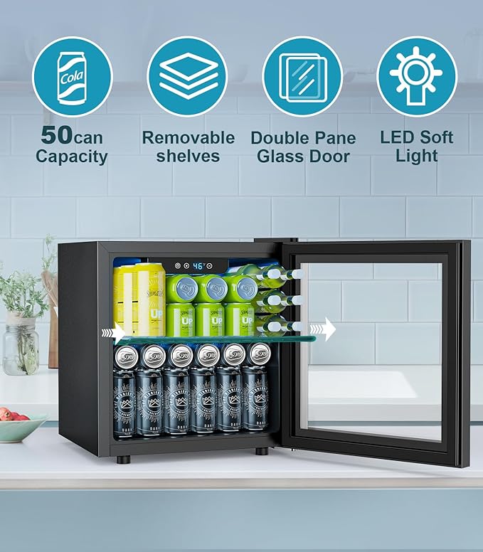 50 Cans Beverage Refrigerator Cooler, 1.3 Cu.ft Mini Fridge Countertop Drink Cooler with Glass Door for Beer, Soda,Wine, Adjustable Digital Temperature Control for Home Dorm Bar, Black